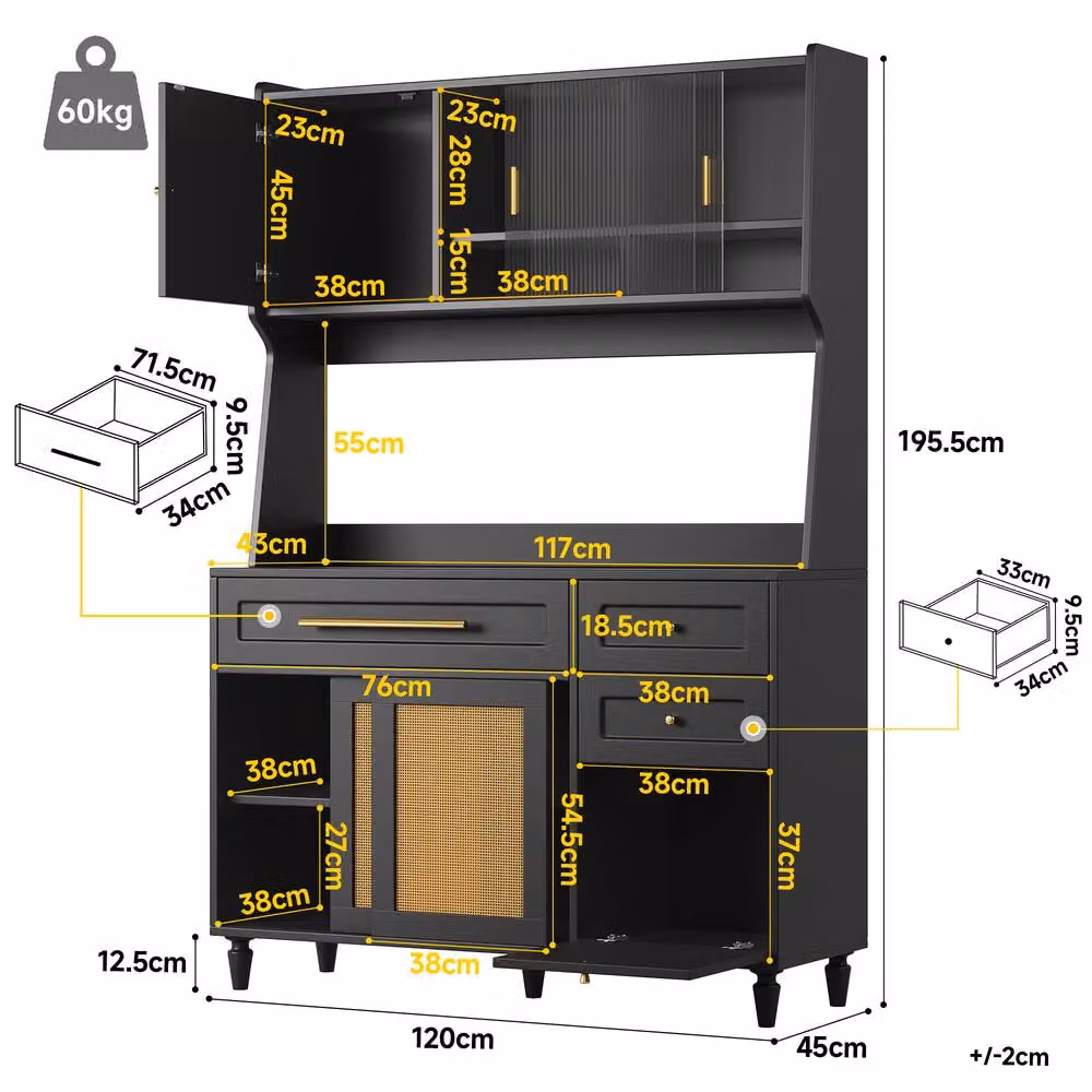Rolipo Black Tall Kitchen Display Cabinet with LED Lighting, Glass Doors and 3 Drawers – 2