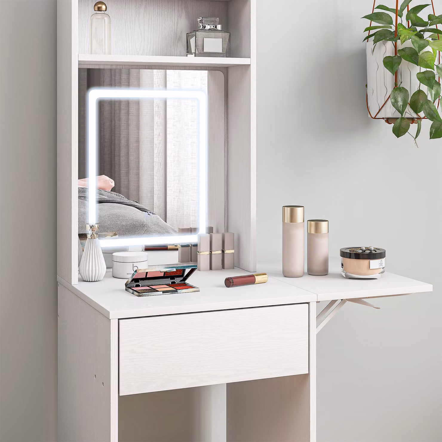 HOMCOM Small White Vanity Desk with LED Mirror, Drop Leaf Dressing Table with Open Shelves and Drawer – 4