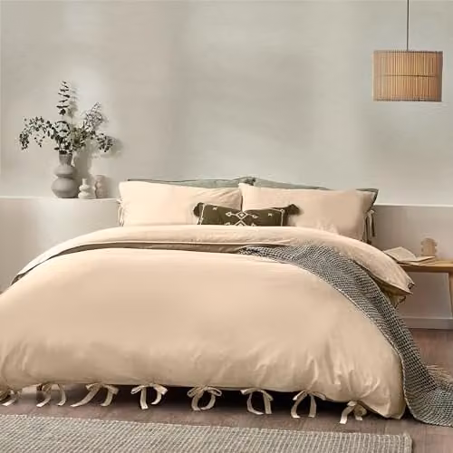 Riva Home Yard Mallow Bow Tie Cotton Percale Duvet Cover Set, Beige, 90 x 200 cm