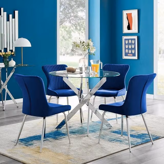 FurnitureboxUK Novara Round Glass Dining Table and 4 Nora Blue Chairs with Silver Legs – 1