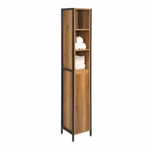 SoBuy Tall Slim Bathroom Storage Cabinet in Brown and Black, Freestanding Industrial Style Unit with Hinged Doors and Internal Shelves, W/D/H: 30 x 28 x 168 cm
