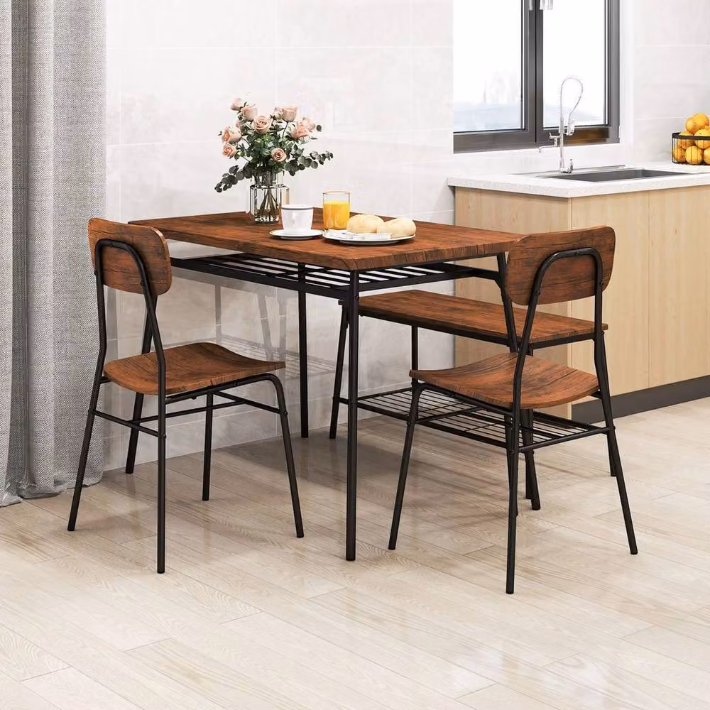 VOGREX Brown 4-Seater Industrial Dining Set with Rectangular Table, Bench and Chairs – 5