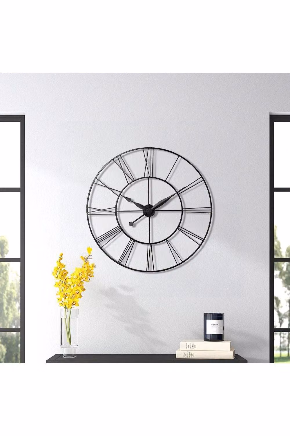 H&O Direct Vintage Metal Skeleton Roman Numeral Wall Clock in Grey, Diameter: 60 cm – 2