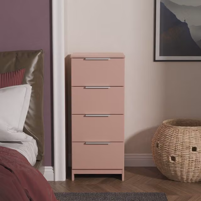 Ready Assembled 2 U Dover 4 Drawer Tall Bedside Chest in Dusty Pink – 1