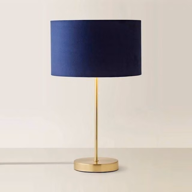 FORGEVIO Modern Stem Table Lamp in Navy Blue and Gold/Brass with Fabric Cylinder Shade