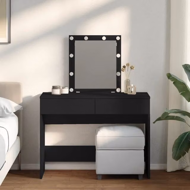Berkfield Home Modern Black Dressing Table with Hollywood LED Mirror W/D/H: 100 x 40 x 130 cm