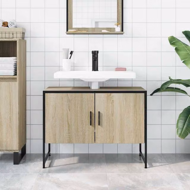 Berkfield Home Sturdy Bathroom Sink Cabinet in Sonoma Oak and Beige, W/D/H: 80 x 33 x 60 cm – 1