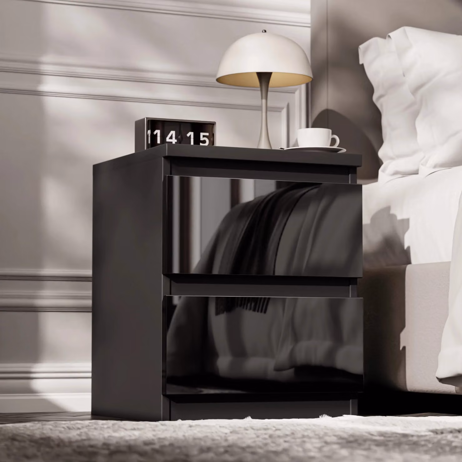 DHS High Gloss 2 Drawer Bedside Table in Black