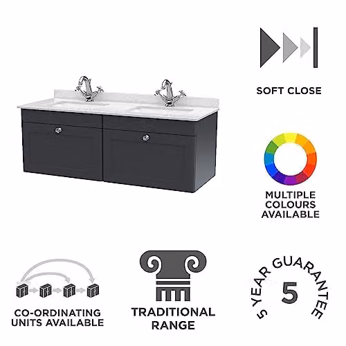 nuie Classique Wall Hung 2 Drawer Unit and 1 Tap Hole Marble Worktop with Square Basin, Satin Anthracite/White/Soft Black, W: 120 cm – 2