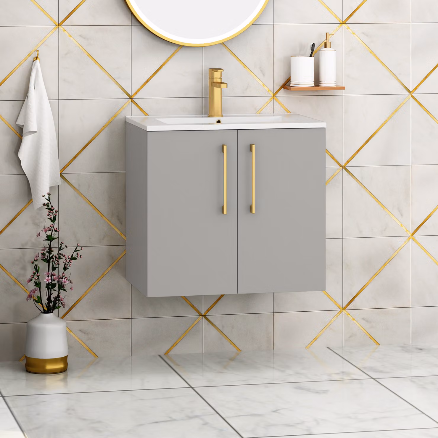 Royal Bathrooms Modena 800mm Wall Hung Vanity Unit in Satin Grey with 2 Soft Close Doors and Brushed Brass Handles