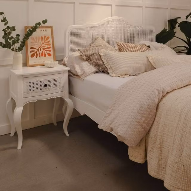 Statement Furniture Louis Double 4ft6 Bed Frame in White Solid Oak with Rattan Cane Headboard, W/D/H: 205 x 140 x 124 cm