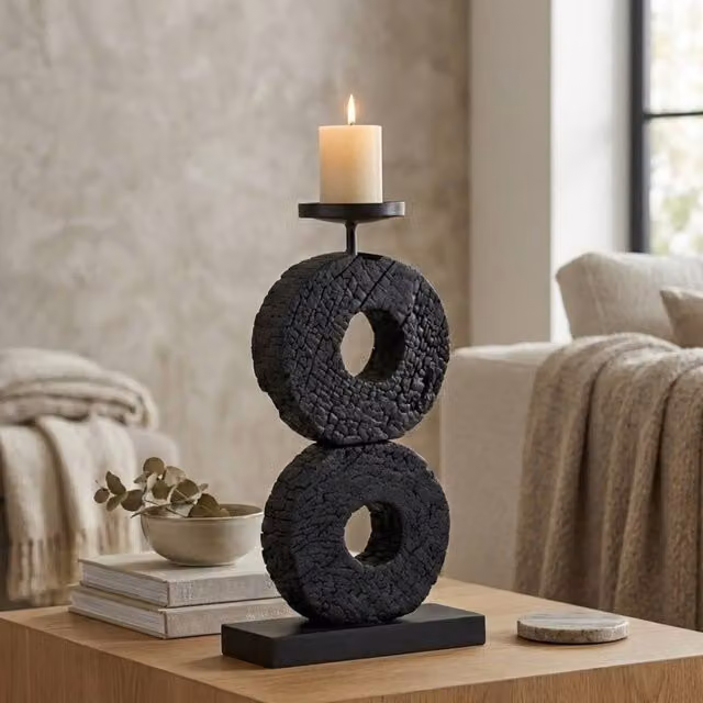 Garden Greatness Fidel Tiered Charred Candle Holder in Black and Multicolour, Rustic Wood and Metal Tabletop Design, H 48.0 cm x W 39.0 cm x D 36.0 cm