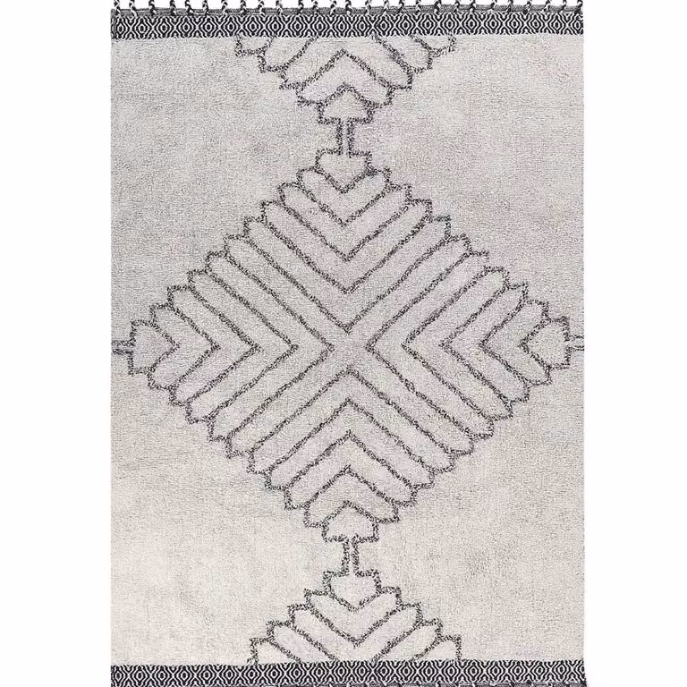 Wyld and Coco Handwoven Cotton Geometric Rug in White and Black with Fringes, W: 140 cm, L: 200 cm