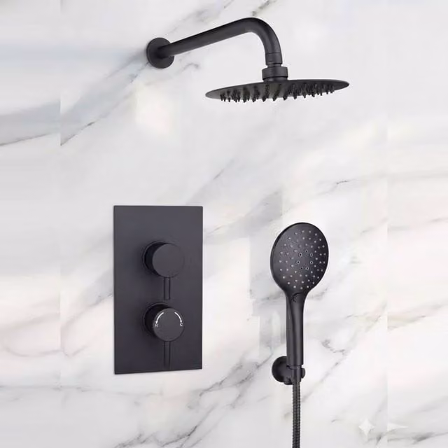 Bathroom Kingdom Avon Matt Black Round Thermostatic Rain Shower with 250mm Head and Hand Shower