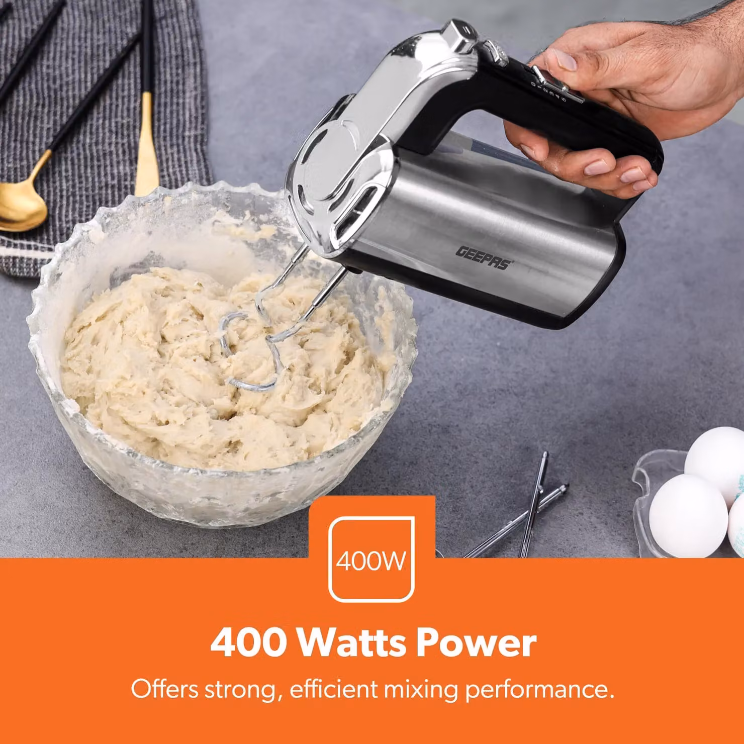 Geepas 400W Electric Hand Mixer and Whisk with 5-Speed Turbo Function and Storage Base in Black – 4