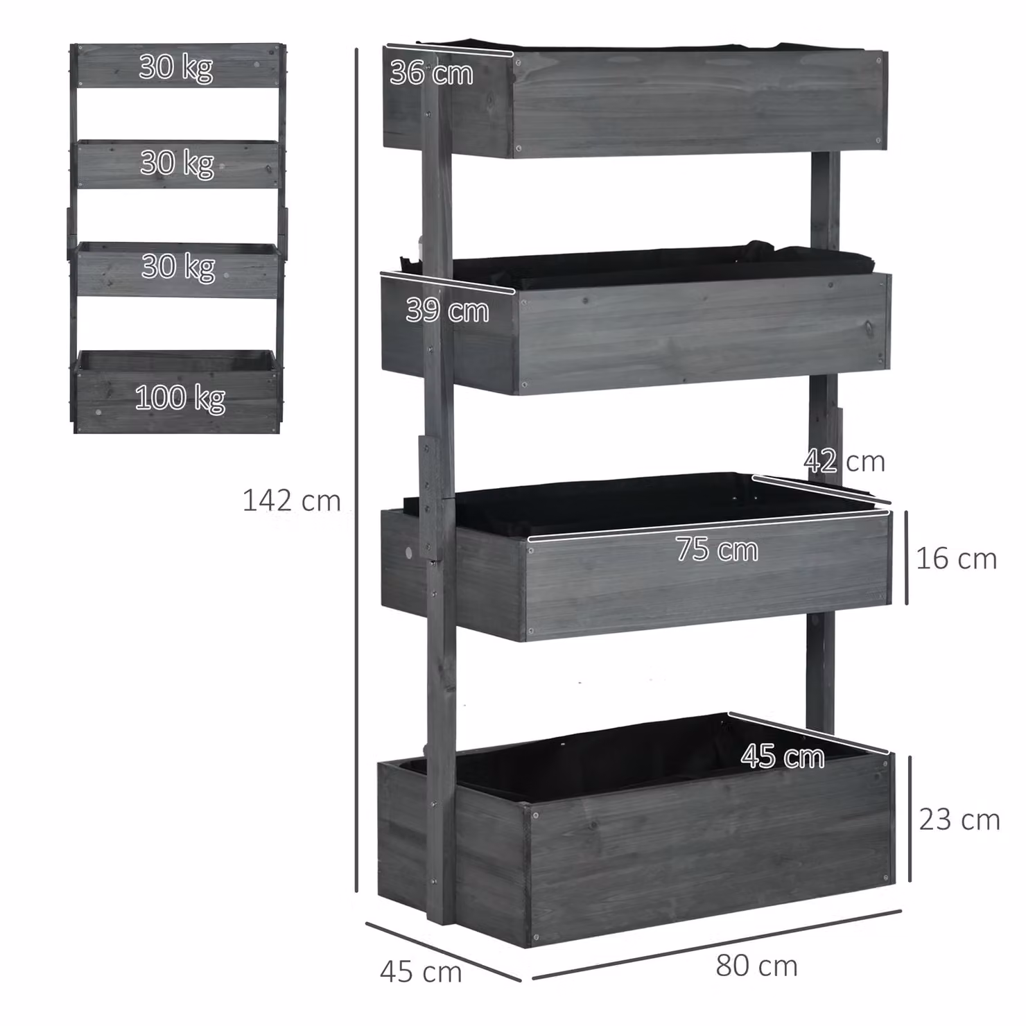 Outsunny 4-Tier Wooden Raised Bed Planter, Grey, H x W x D: 142 x 80 x 45 cm – 3