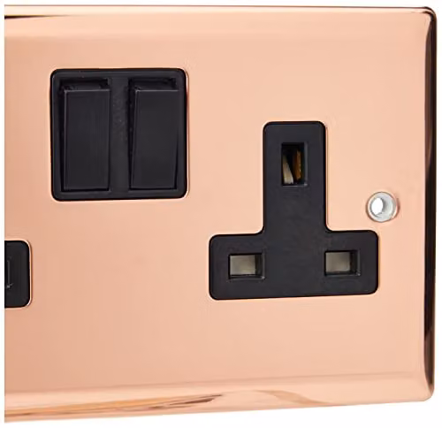 Varilight 2-Gang 13A Double Pole Switched Socket in Polished Copper with Black Inserts in Brown – 2