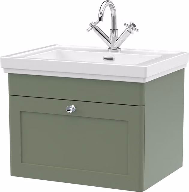 Balterley Wall Hung 1-Drawer Bathroom Vanity Unit and Fireclay Basin, Green, W: 60 cm – 1