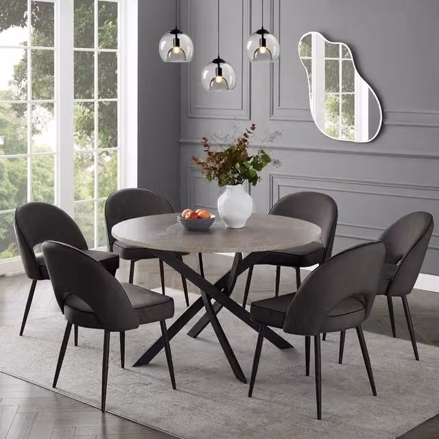 GRS Dijon Round Concrete Effect Dining Table and 6 Grey Velvet Chairs