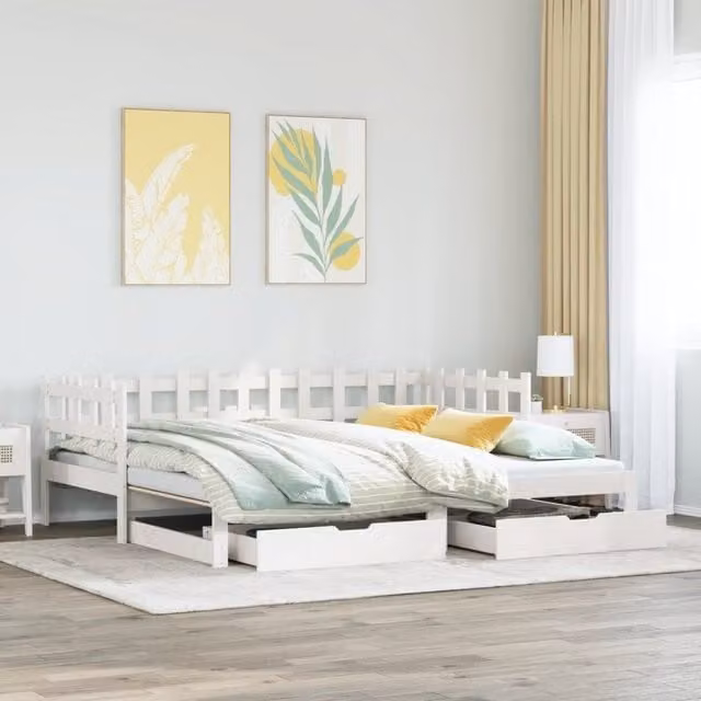 Berkfield Home White Single Daybed with Trundle and Drawers in Solid Pine Wood, W/D/H: 90 x 190 cm