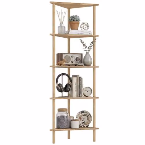HOMCOM 5-Tier Bamboo Corner Storage Shelf, Brown Wood Finish, W/D/H: 41.5 x 21.5 x 114 cm – 1