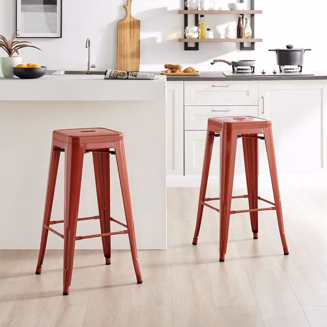 FurnitureboxUK Set of 2 Colton Red Metal Stackable Retro Industrial Bar Stools – 1