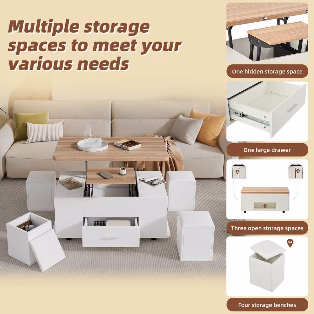 BTM White Lift Top Coffee Table with 4 Stools and Castors – 2