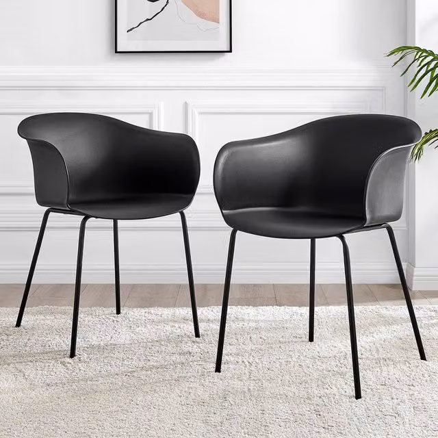 FurnitureboxUK Set of 2 Harper Dining Chairs in Black Synthetic Leather with Armrests and Black Metal Legs