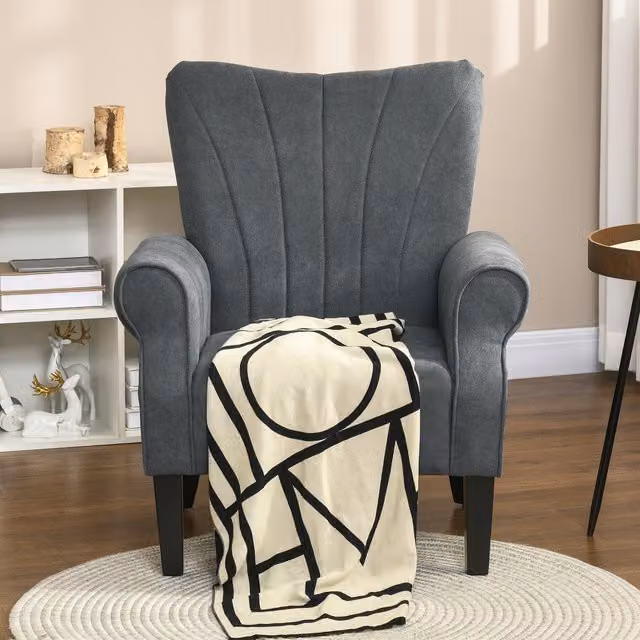HOMCOM Grey Fabric High Back Armchair with Wood Legs
