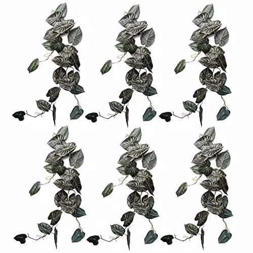 Leaf Design Multipack of 6 Artificial Hanging Alocasia Dragon Scale Dark Green Trailing Plants, Length: 120 cm