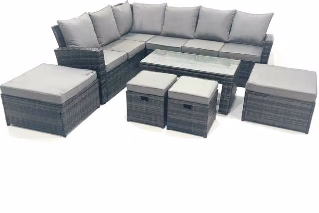 Fimous 10 Seat Rattan Garden Furniture Set with Corner Sofa, Ottoman and Table in Dark Grey