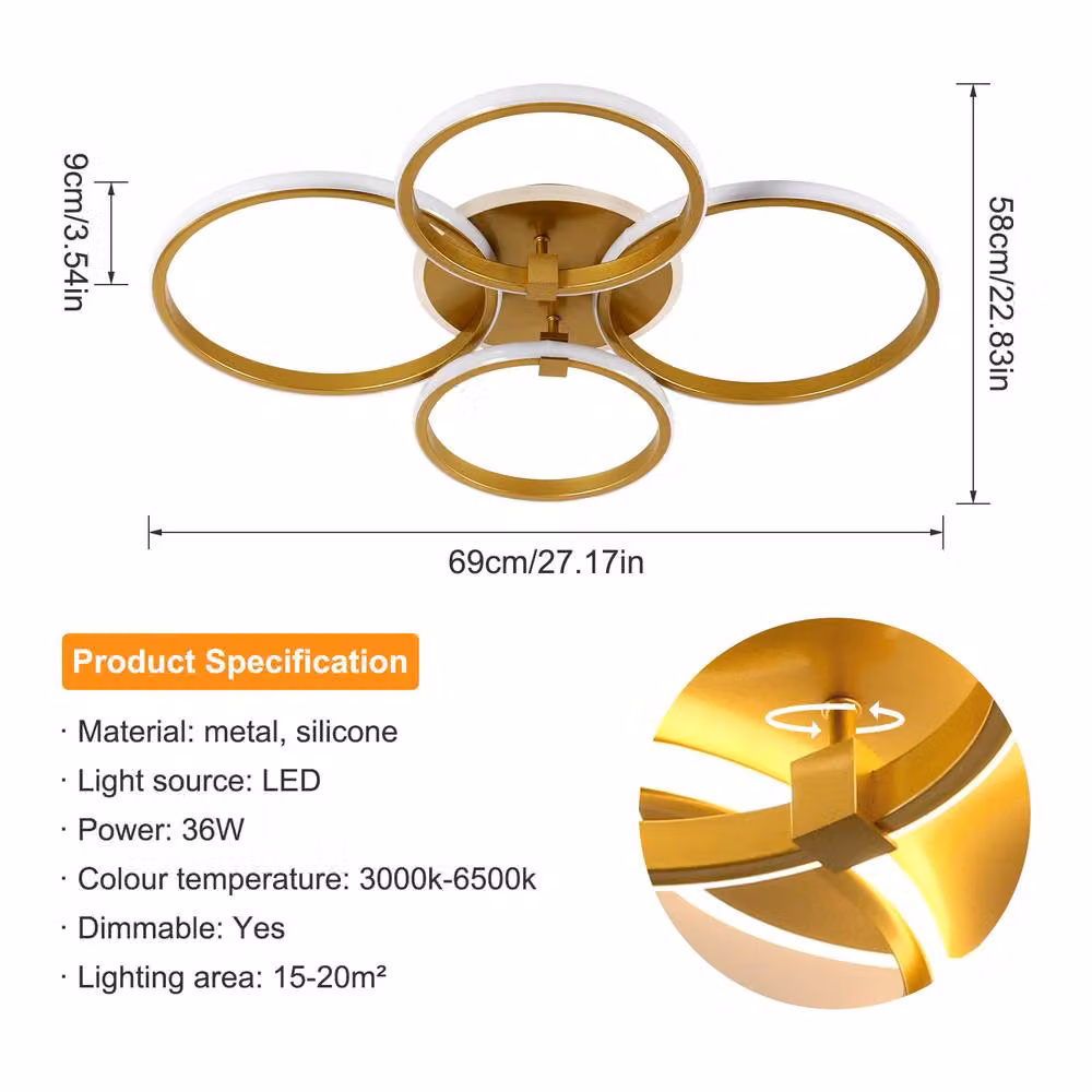 Pheashine Gold LED Ceiling Light, 39W Dimmable 4-Ring Circle Fixture with Remote Control – 2