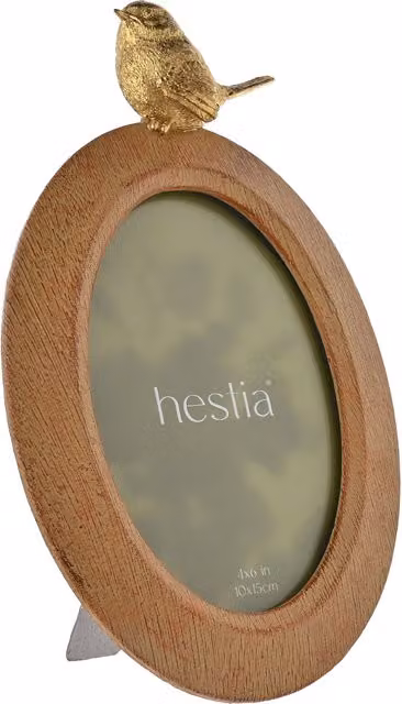 Hestia Brown Wood Effect Oval Tabletop Photo Frame with Gold Bird Detail, 10 x 15 cm