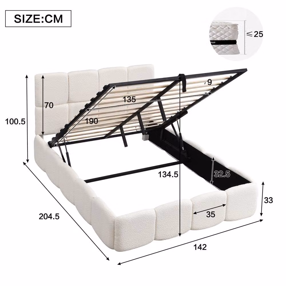 Merax Beige Boucle Upholstered Ottoman Bed with Storage, W/D/H: 140 x 200 x 100.5 cm – 2