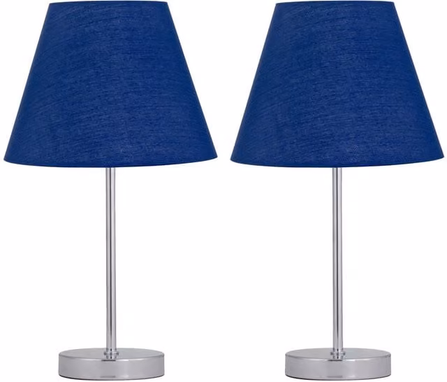 First Choice Lighting Set of 2 Chrome Stick Table Lamps with Blue Fabric Shades