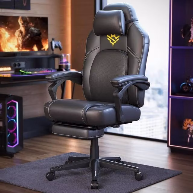 The Bazaarist Ergonomic Gaming Chair with Headrest and Armrests in Black Synthetic Leather