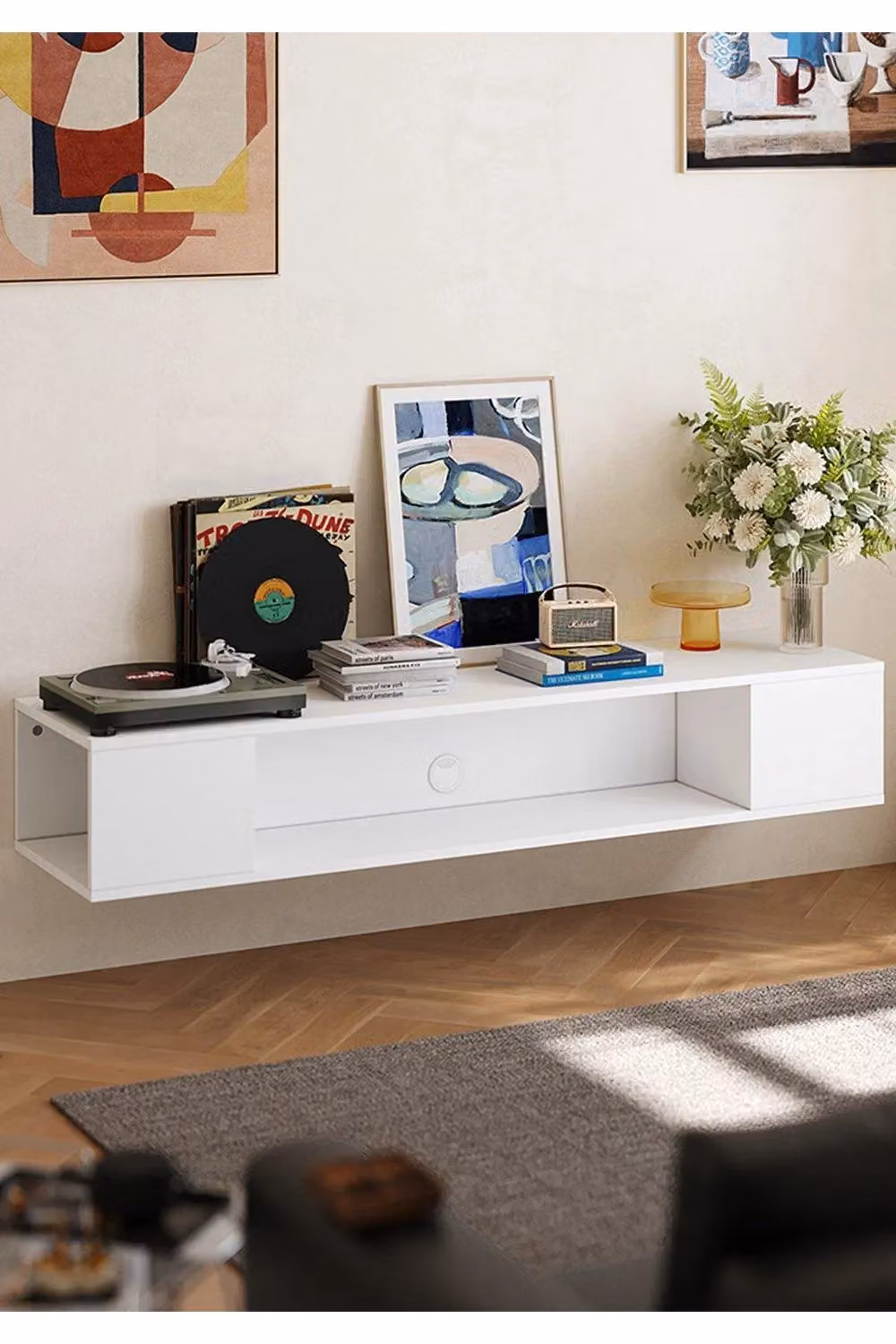 H&O Direct Modern Style Wall Mounted Floating TV Stand Cabinet in White – 3