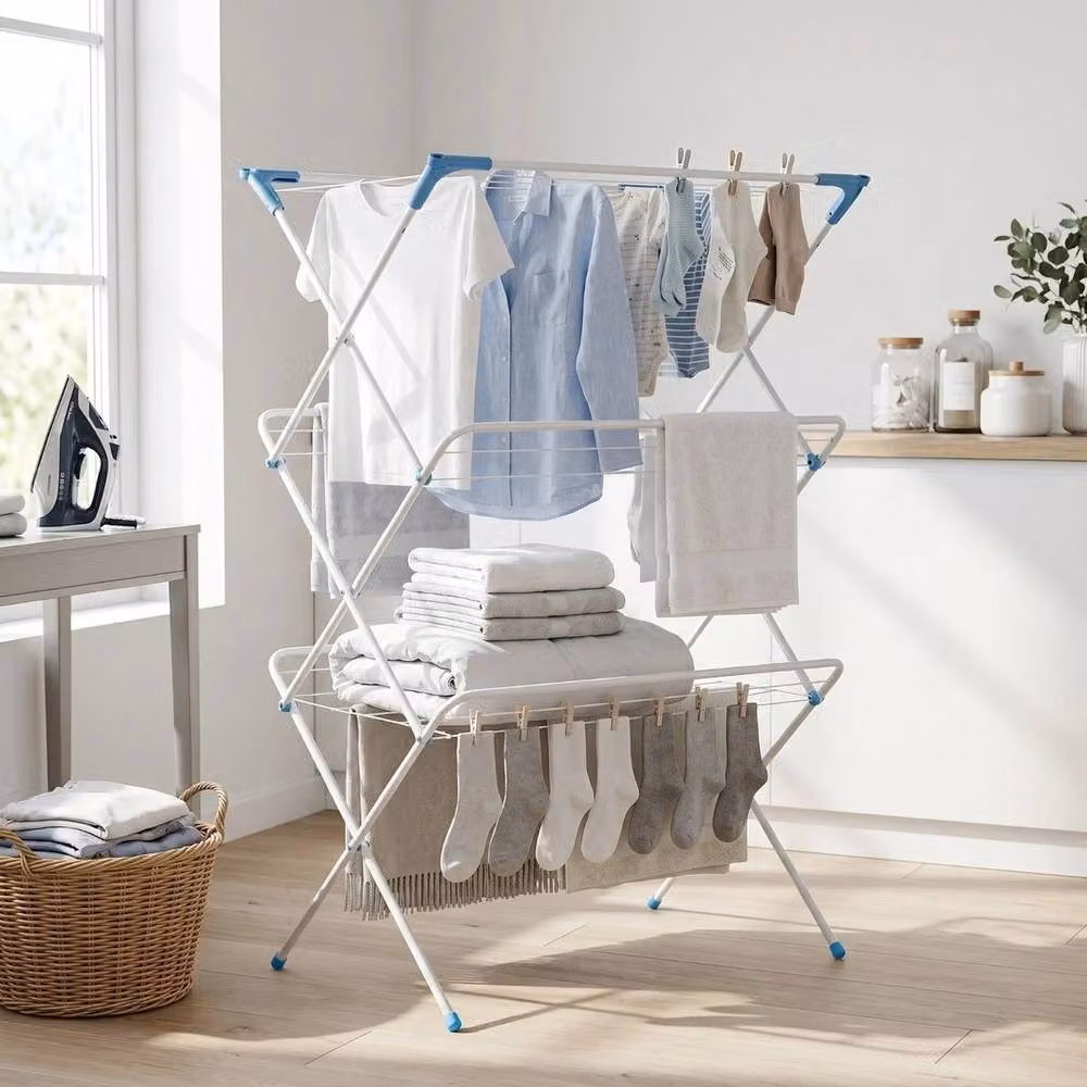 VOGREX 3-Tier Foldable Metal Clothes Airer with 14m Drying Space in Silver – 2