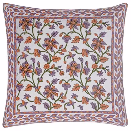 Paoletti Mentera Floral Cotton Cushion in Purple and Coral, W/D/H: 50 x 50 x 50 cm