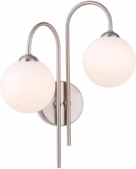 Netlighting Lyndon 2 Light Globe Wall Lamp in Brushed Steel and Grey with Opal White Glass