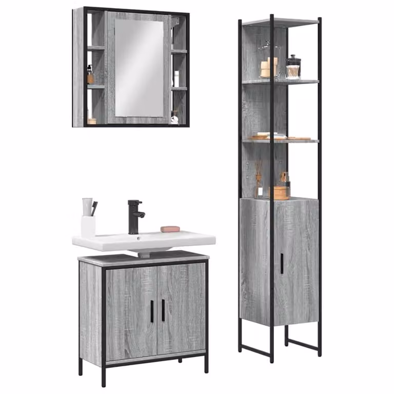 Berkfield Home 3 Piece Grey Bathroom Cabinet Set with Mirror Cabinet, Vanity Unit and Tall Cabinet