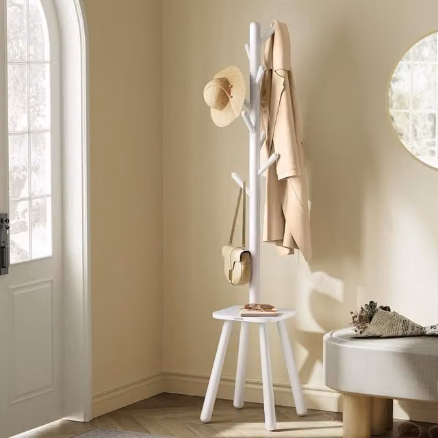 The Bazaarist Hall Tree Coat Rack with Bench and 8 Hooks in White