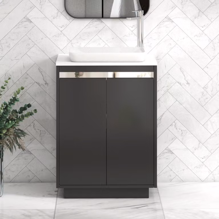Royal Bathrooms Orion 2 Door Floor Standing Vanity Unit with Qubix Basin in Matt Obsidian Black and Plain White with Chrome Accent Trim, Width: 60 cm