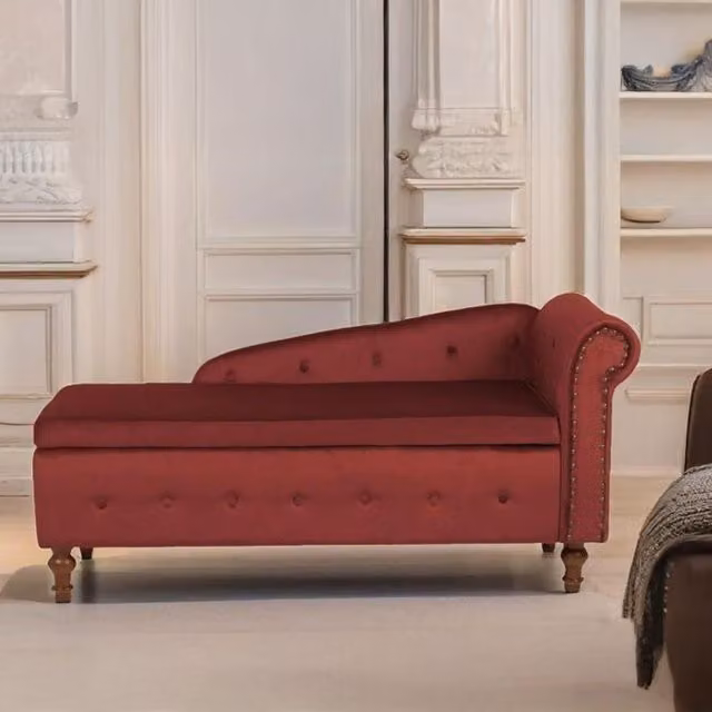 Livinluxury Red Velvet Upholstered Chaise Longue with Storage