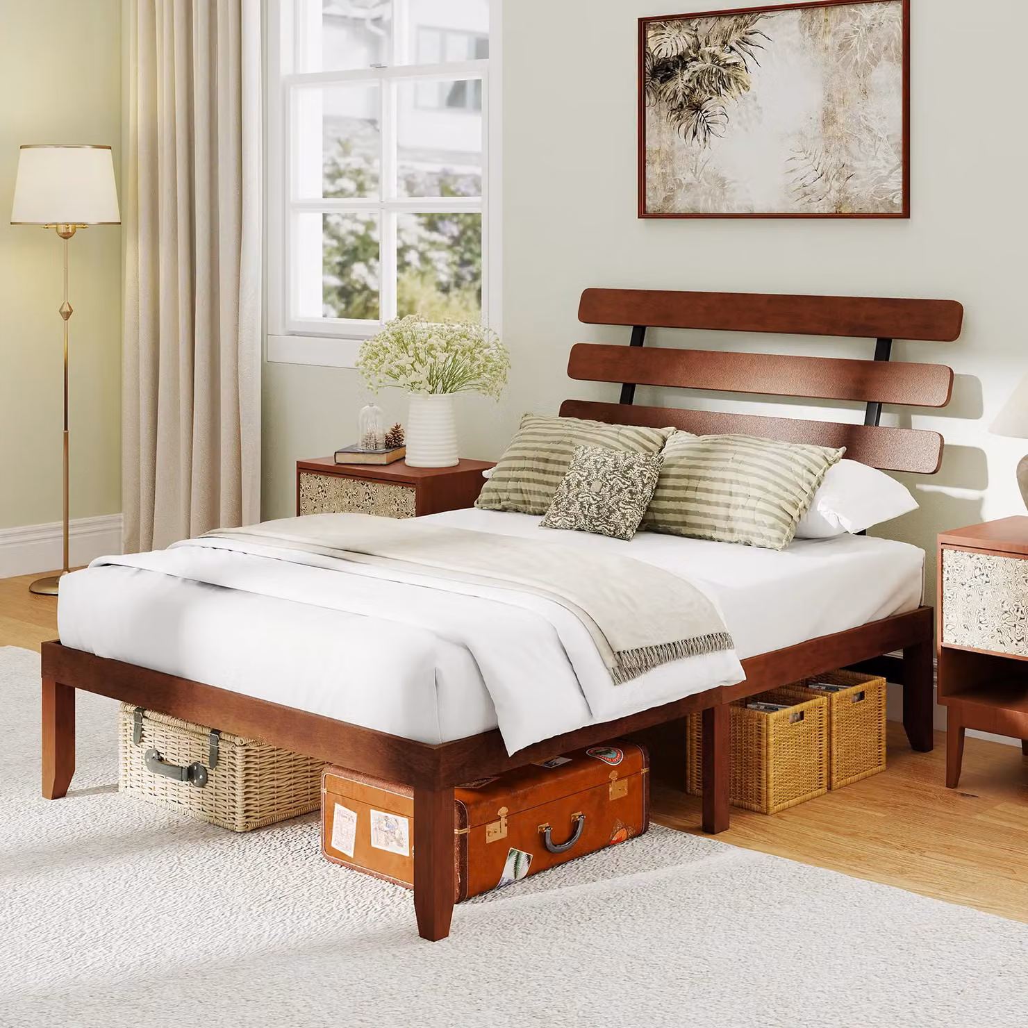 Costway Double Size Solid Wood Platform Bed Frame with Headboard in Brown, 140 x 200 cm – 2