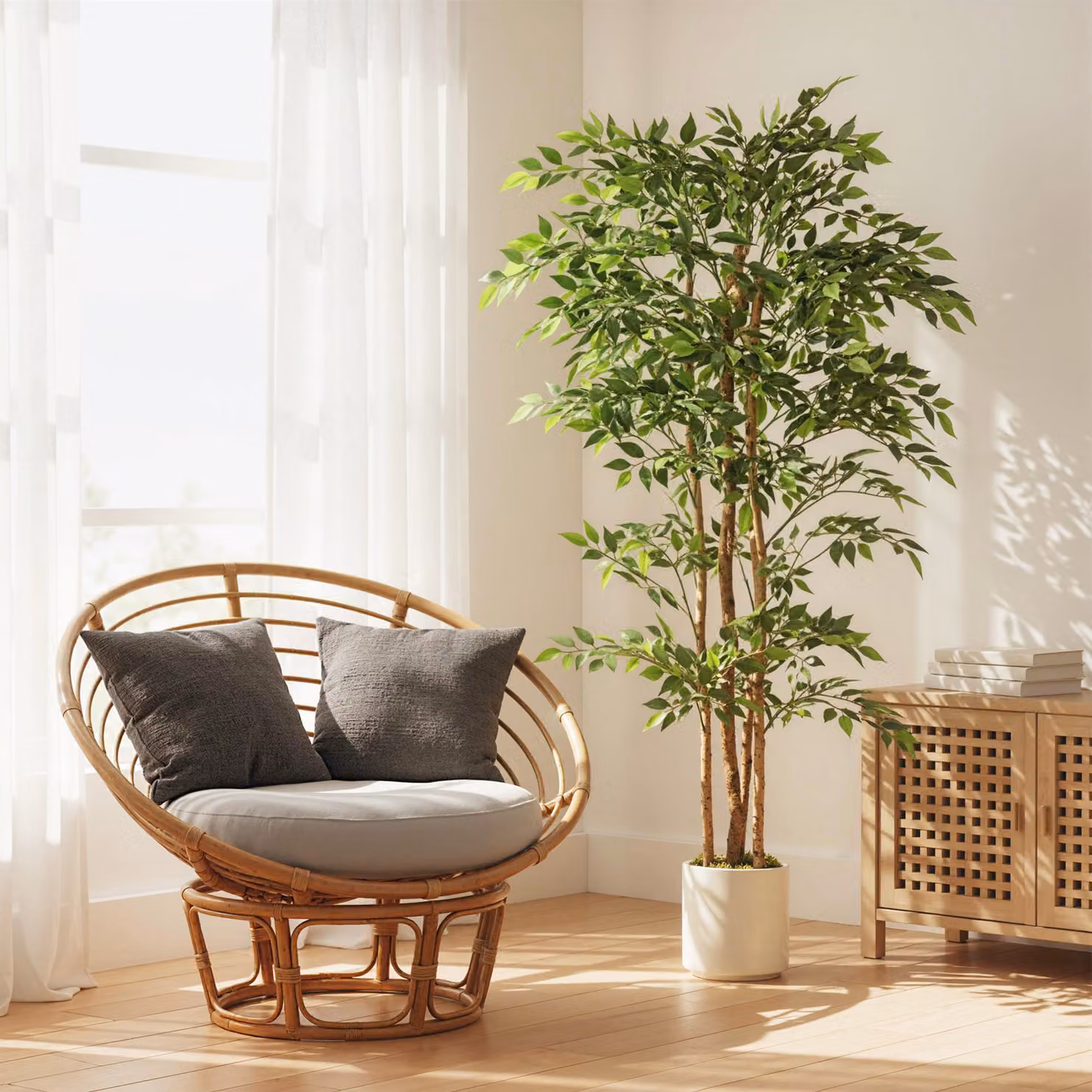 HOMCOM 180cm Artificial Ficus Tree in Green and White with Wood and Plastic Trunk and Pot – 2
