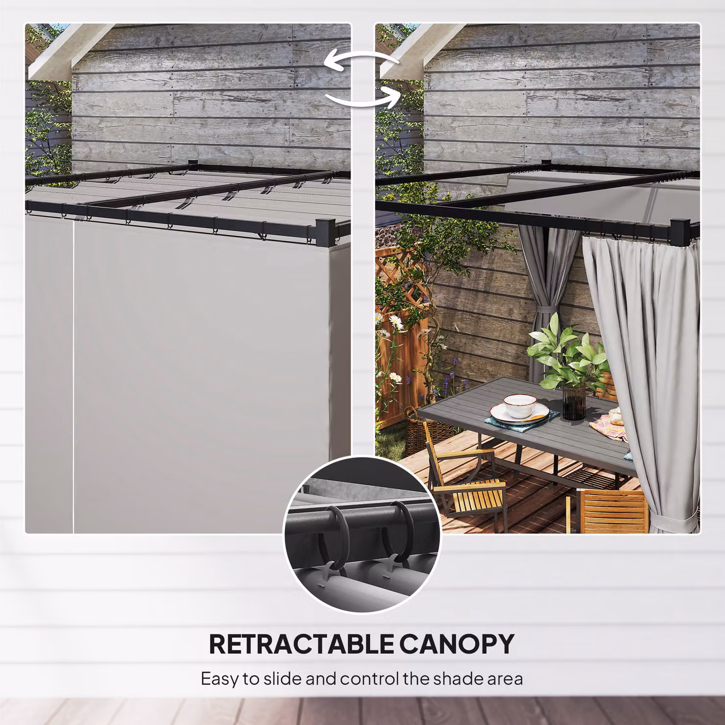 Outsunny Retractable Pergola Garden Gazebo Shelter with Curtains, Light Grey, W: 300 cm, D: 300 cm, H: 227 cm – 4