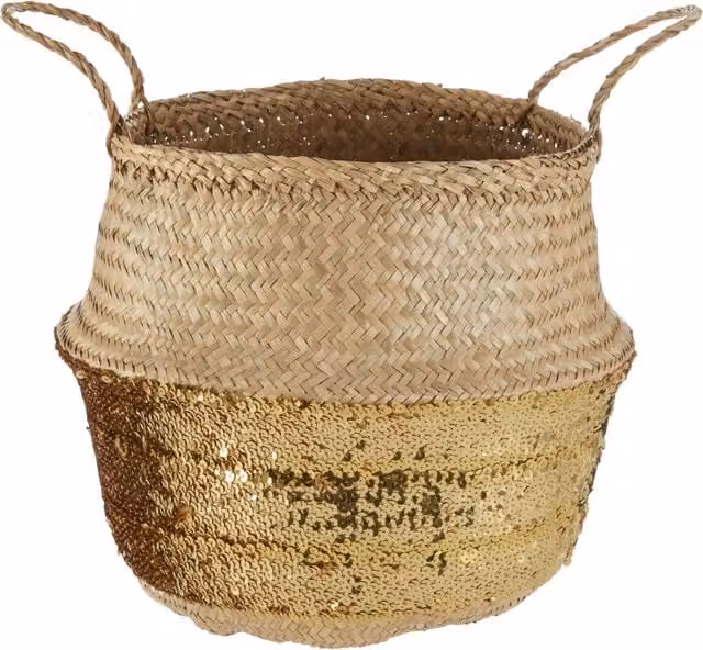 Solas Gold Sequin Large Seagrass Basket with Handles in Gold