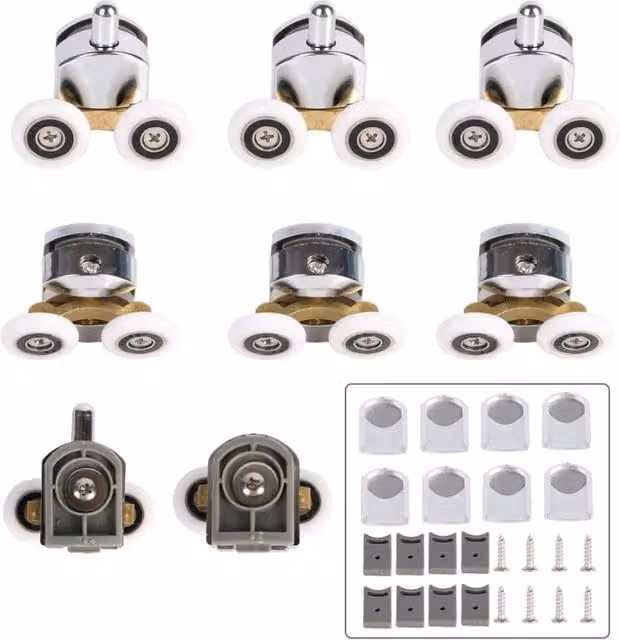 KDMD 8 Piece Replacement Set of 25mm Twin Sliding Shower Door Rollers in Silver and Chrome