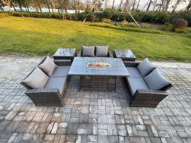 Fimous High Back Rattan Garden Furniture Set with Gas Firepit Dining Table and 2 Side Tables in Dark Grey